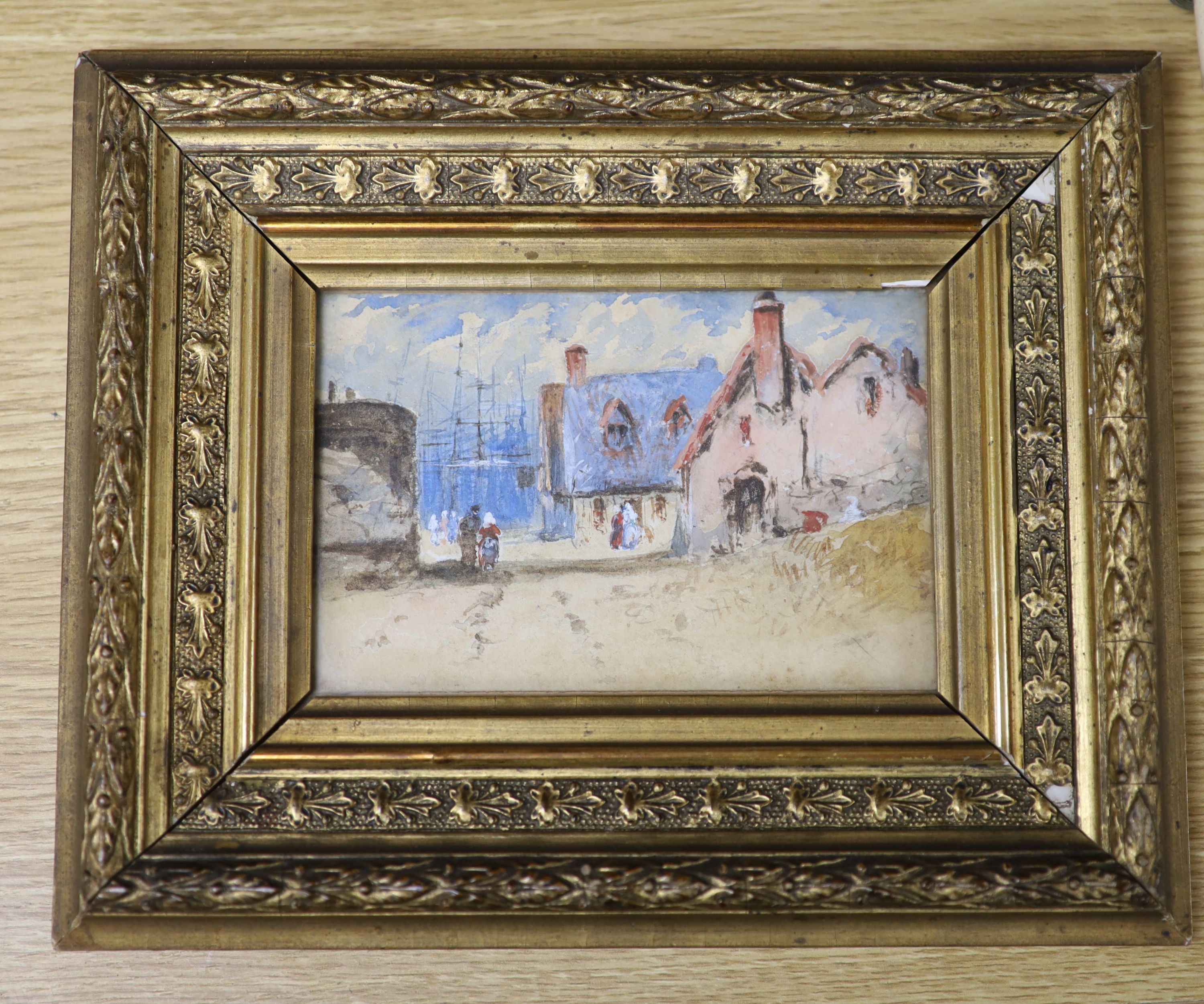Newylyn School, watercolour, Fishing village with shipping beyond, 10 x 15cm